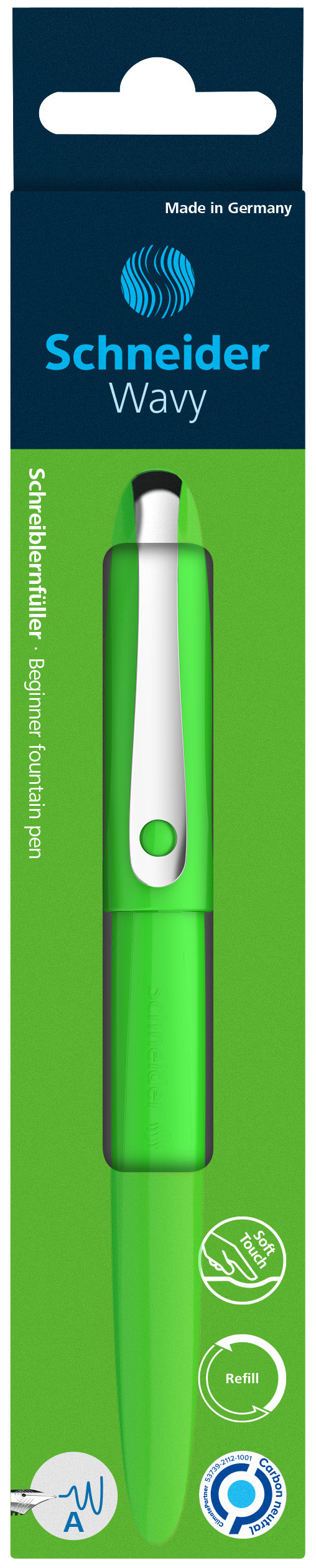 Plunksnakotis SCHNEIDER Wavy A, dešiniarankiams ir kairiarankiams, žalios spal. korpusas, blisteryje