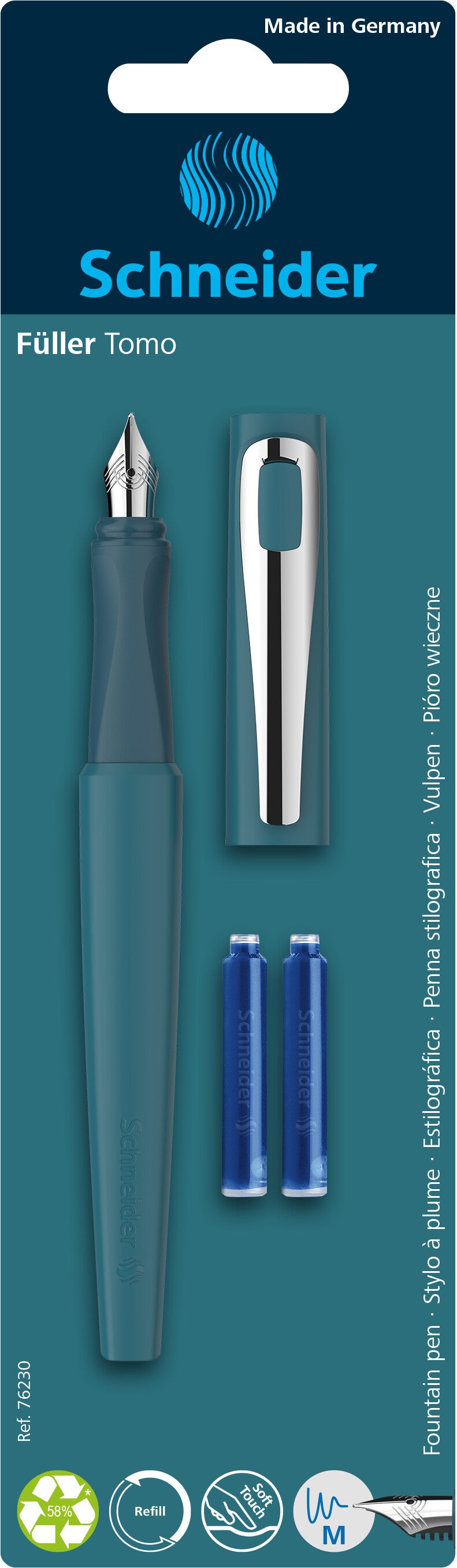 Plunksnakotis SCHNEIDER Tomo M, plastikinis matinis įvairių spalvų korpusas,  tinka dešiniarankiams ir kairiarankiams, blisteryje