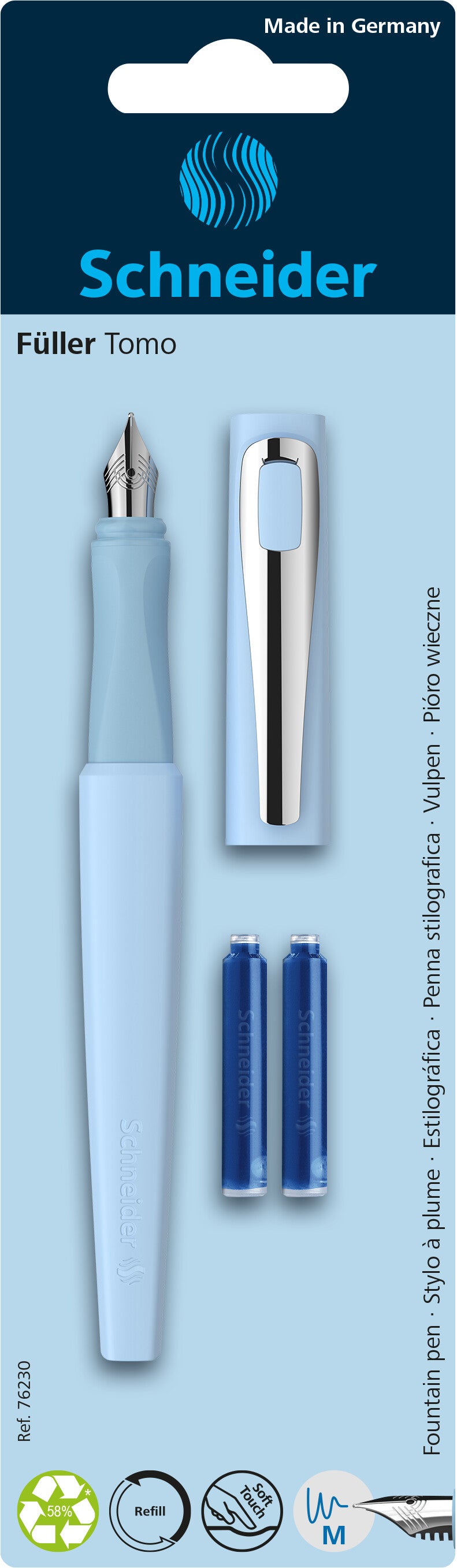 Plunksnakotis SCHNEIDER Tomo M, plastikinis matinis įvairių spalvų korpusas,  tinka dešiniarankiams ir kairiarankiams, blisteryje