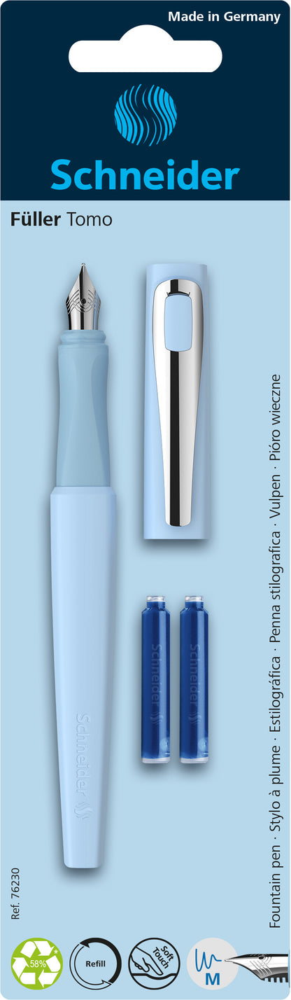 Plunksnakotis SCHNEIDER Tomo M, plastikinis matinis įvairių spalvų korpusas,  tinka dešiniarankiams ir kairiarankiams, blisteryje