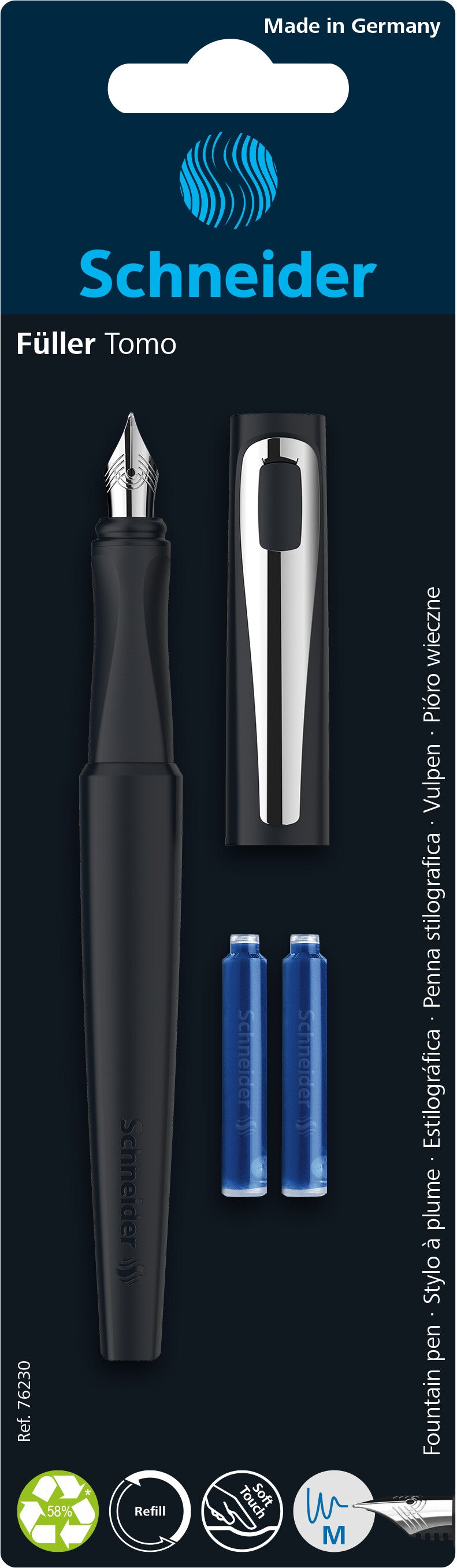 Plunksnakotis SCHNEIDER Tomo M, plastikinis matinis įvairių spalvų korpusas,  tinka dešiniarankiams ir kairiarankiams, blisteryje