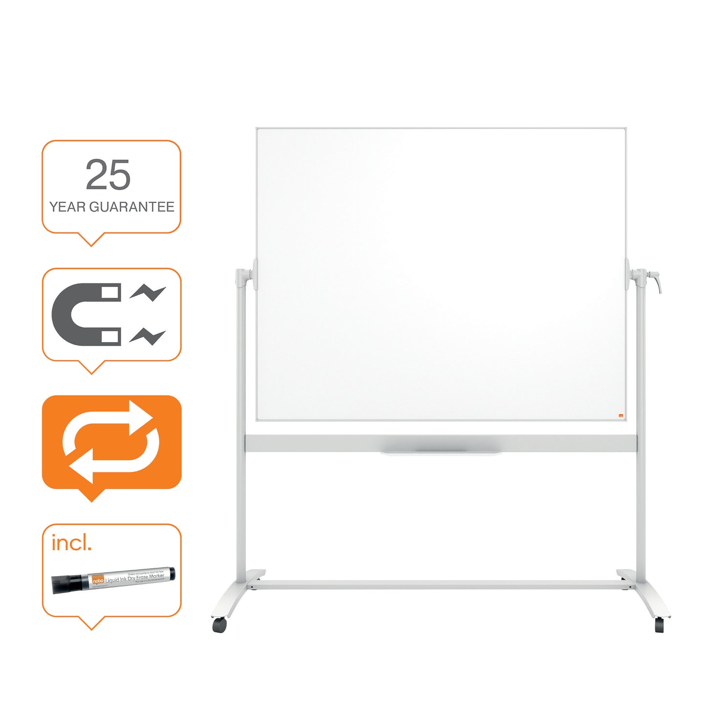 Double-sided reversible enamel magnetic board NOBO 120x150 cm, mobile stand, white
