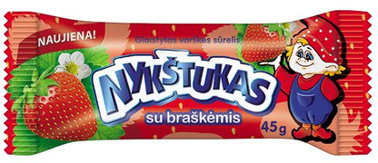 Glaistytas varškės sūrelis NYKŠTUKAS su braškėmis, 21% riebumo, 45 g