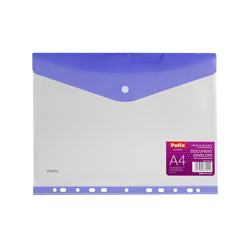 Folder (envelope) with clip and euro perforation PATIO, A4, PP, purple color.