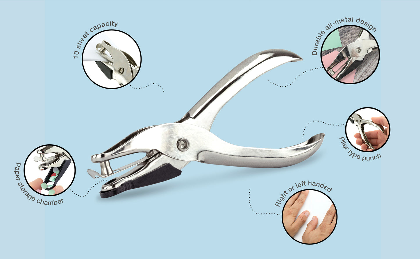 Hole punch RAPESCO, 1 hole, 10 sheets, chrome-plated