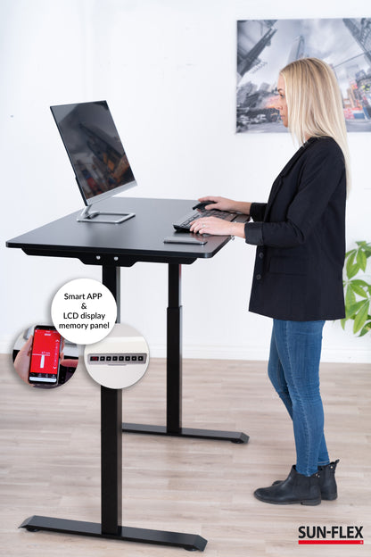 Reguliuojamo aukščio stalas SUN-FLEX®EASYDESK ELITE, elektrinis, vieno variklio, juodas rėmas, 120x60 cm juodas stalviršis