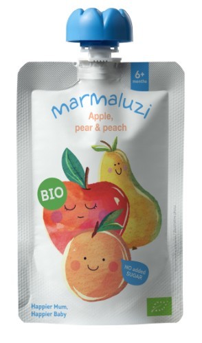 Tyrelė MARMALUZI, ekologiška su obouliais, kriaušėmis ir persikais nuo 6 mėnesių, 90 g EKO-001