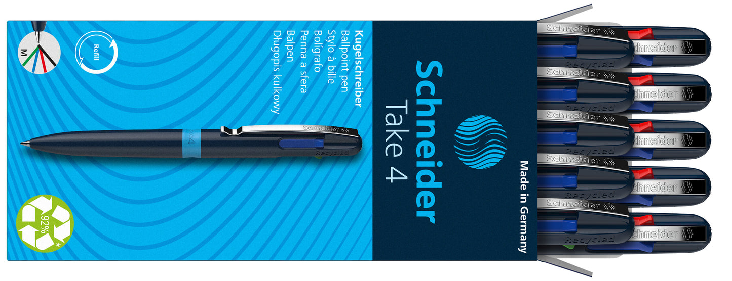 Ballpoint pen SCHNEIDER Take 4, dark blue barrel, 4 colors