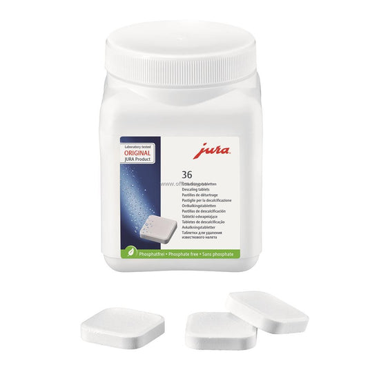 JURA coffee machine descaling tablets, 36 pieces per pack.