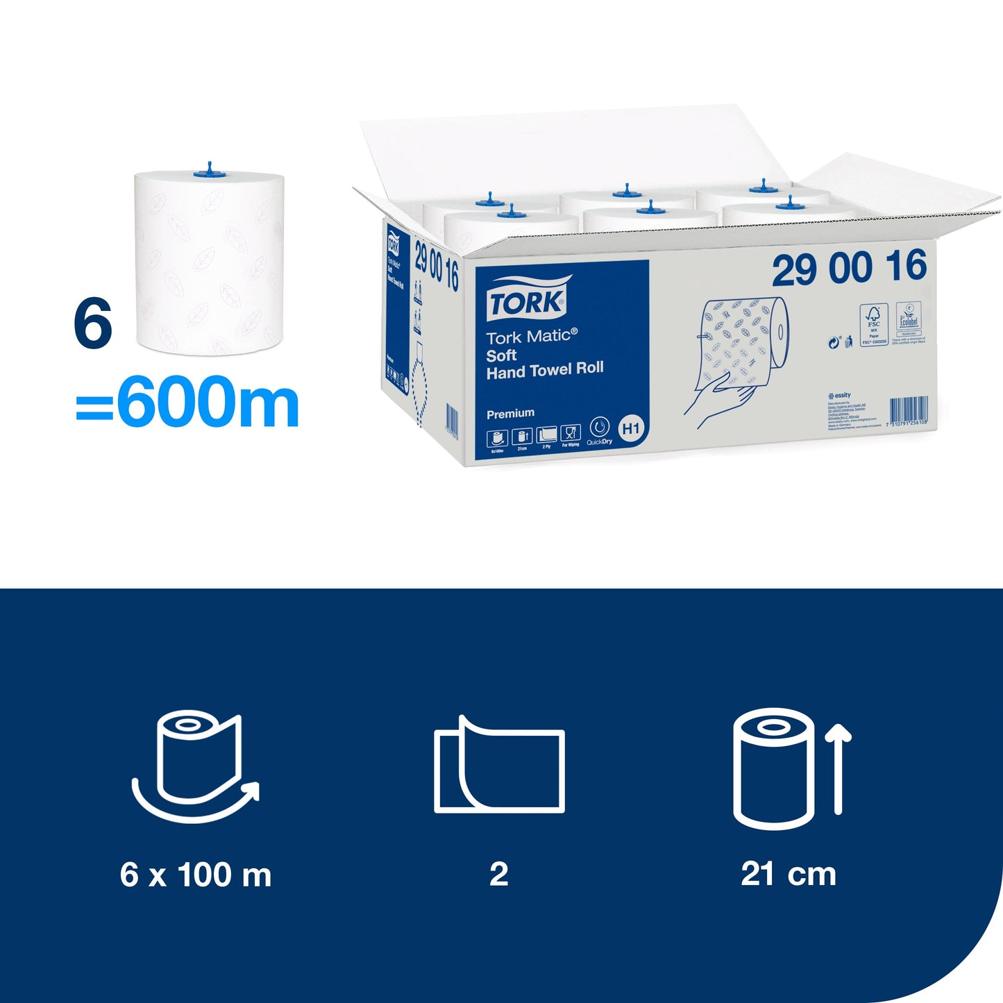 Paper towels TORK PREMIUM EXTRA SOFT H1, 290016, 2 ply, 21 cm x 100 m, white