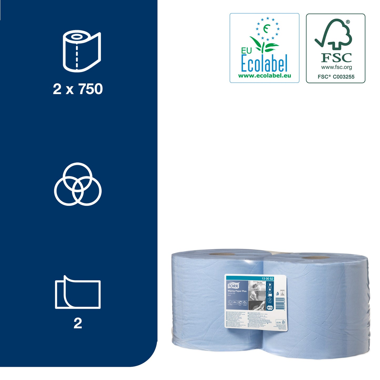 Industrial paper TORK Advanced 420 W1/W2, 130052, 2 ply, 23.5 cm x 255 m, blue