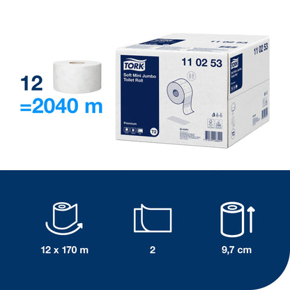 Toilet paper TORK PREMIUM MINI JUMBO T2 110253, 2 ply, 9.7 cm x 170 m, white