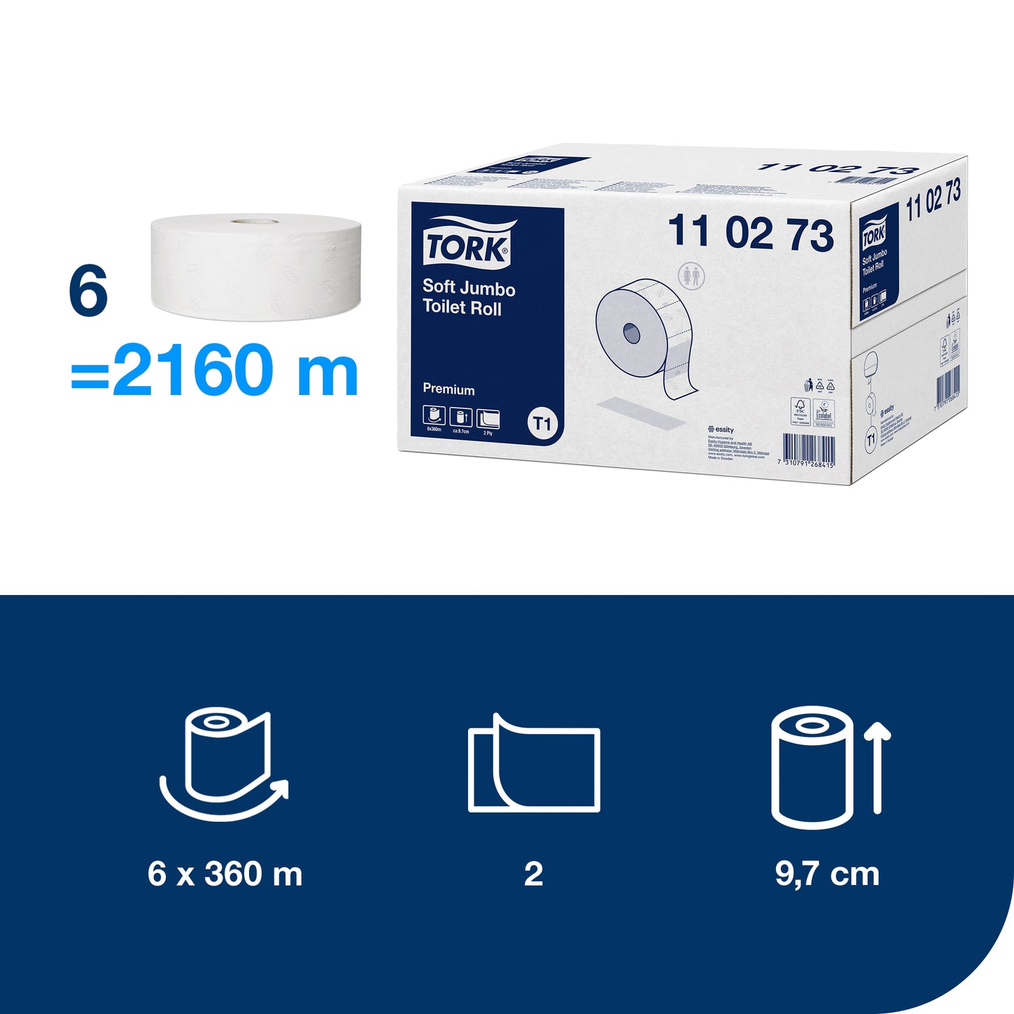 Toilet paper TORK PREMIUM JUMBO T1, 110273, 2 ply, 9.7 cm x 360 m, white