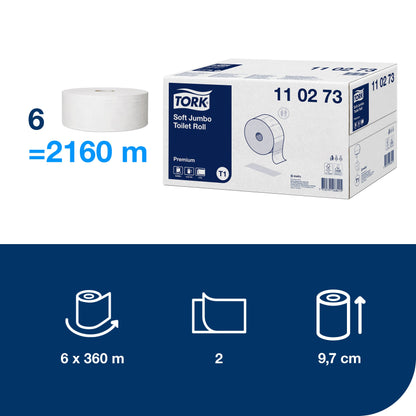 Toilet paper TORK PREMIUM JUMBO T1, 110273, 2 ply, 9.7 cm x 360 m, white
