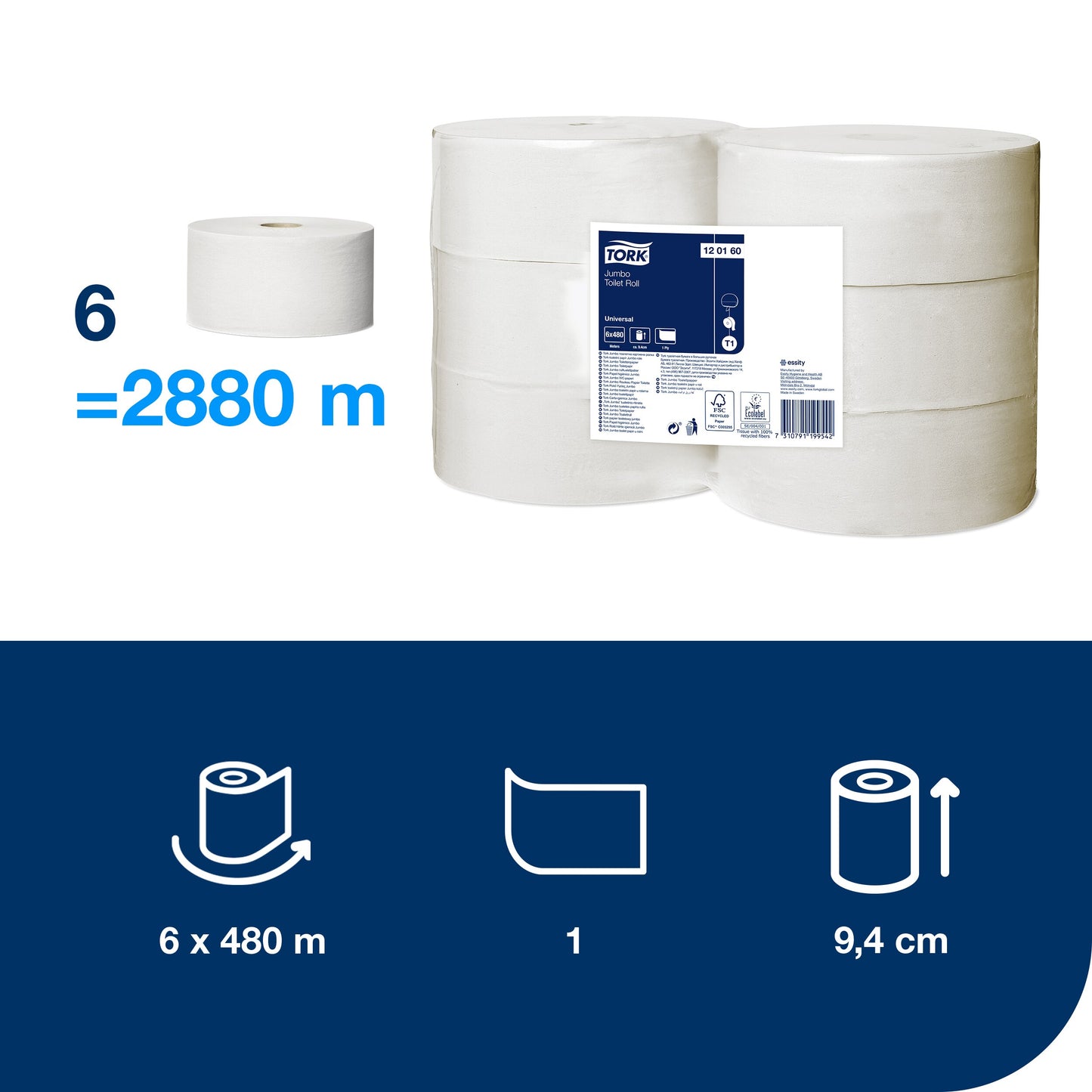 Toilet paper TORK UNIVERSAL JUMBO T1,120160, 1 ply, 9.7 cm x 480 m, unbleached