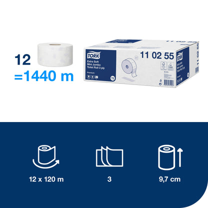 Toilet paper TORK PREMIUM MINI JUMBO EXTRA SOFT T2, 3 ply, 9.4 cm x 120 m, 110255