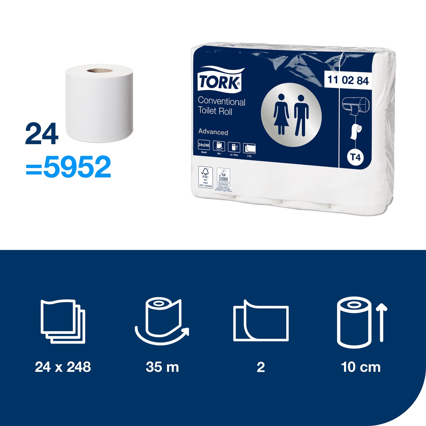 Toilet paper TORK ADVANCED T4, 110284, 2 ply, 10cmx34.72m, 24 pcs/pack.