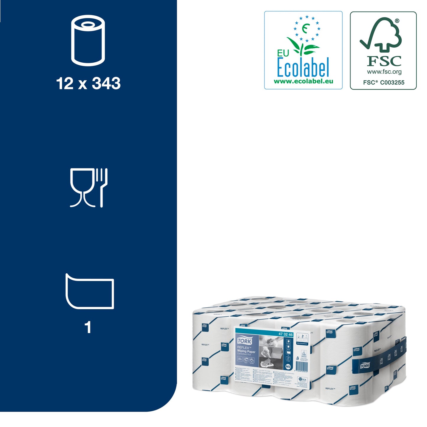 Popieriniai rankšluosčiai TORK,  473246, REFLEX MINI M3, 1.sl., 19.8 x 35 cm, 120 m/rul., balta sp.