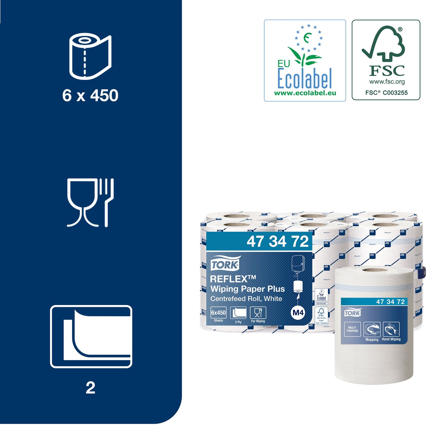 Popieriniai rankšluosčiai TORK, 473472, Reflex M4, 2 sl., 19.4 x 33.5 cm, 151 m/rul., balta sp.