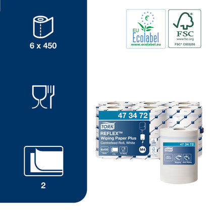 Popieriniai rankšluosčiai TORK, 473472, Reflex M4, 2 sl., 19.4 x 33.5 cm, 151 m/rul., balta sp.
