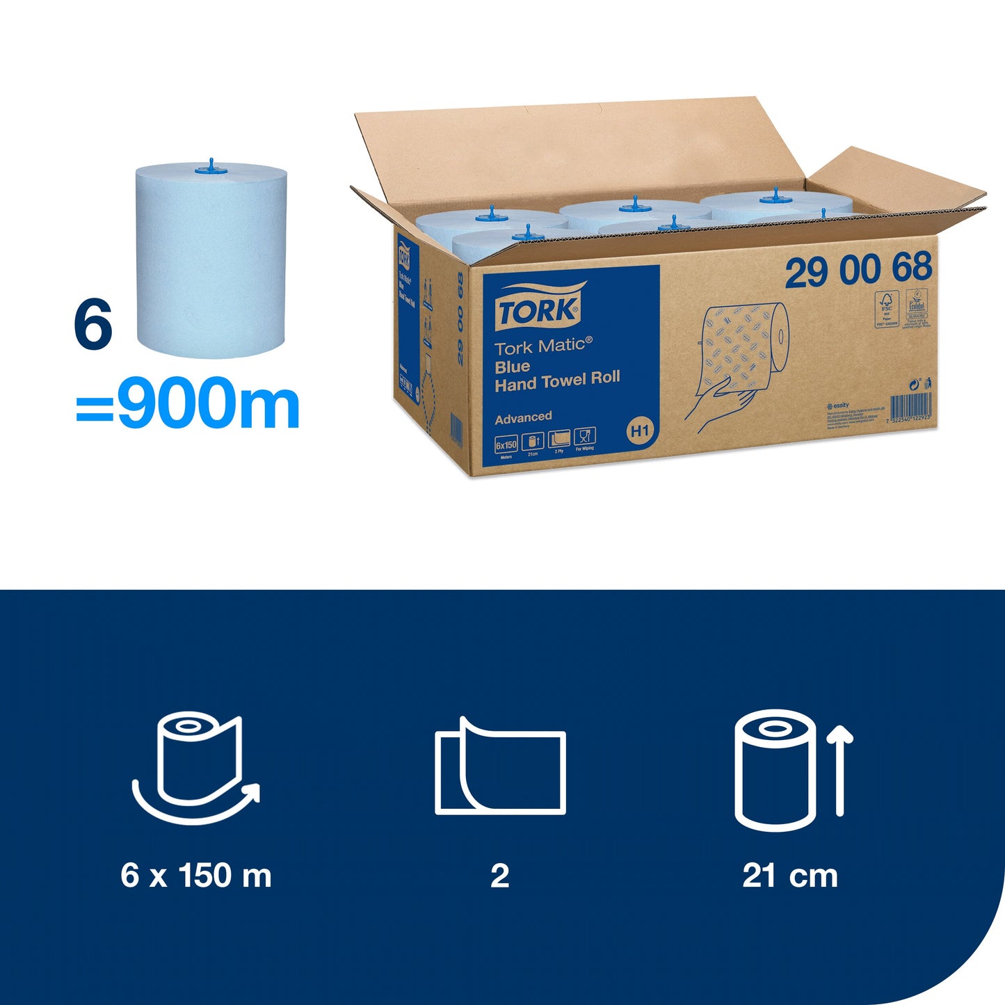 Paper towels TORK H1 Advanced Matic, 2 ply, 150 m, blue, 290068