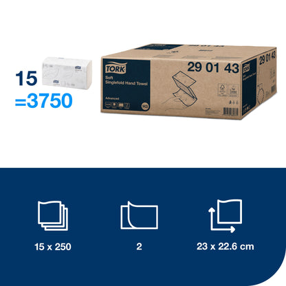Hand cleaning wipes TORK Soft Singlefold H3, 290143, 2 ply, 250 serv., 23 x 22.6 cm, white