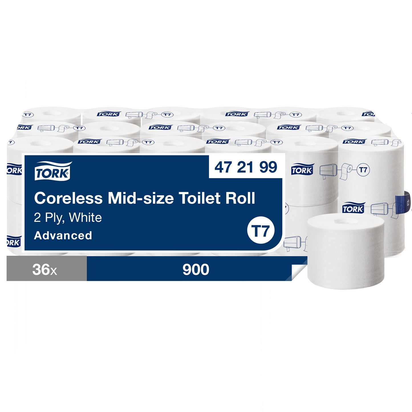 Toilet paper TORK Advanced Mid-size T7 472199, coreless, 2 ply, 9.3cmx103.5m, 36 pcs/pack.