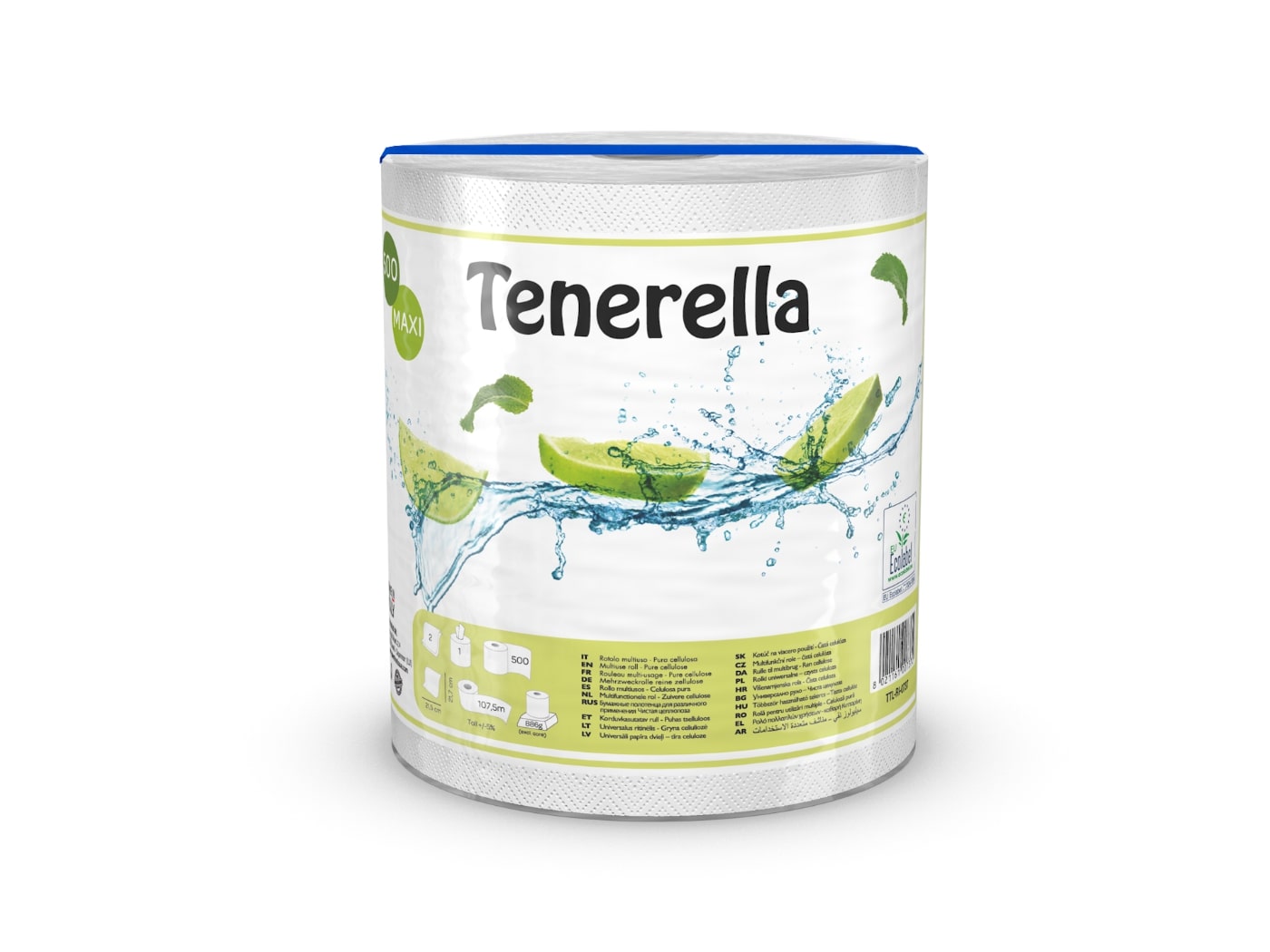 Paper towels TENERELLA, 1 roll x 500 sheets, 2 layers, 107 m.