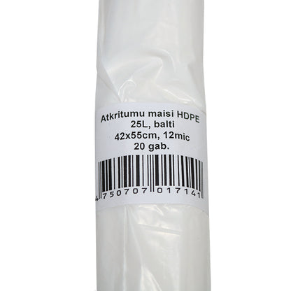 Šiukšlių maišai, 25 l, 20 vnt/ritinys. HDPE, 12 mikronų, balta