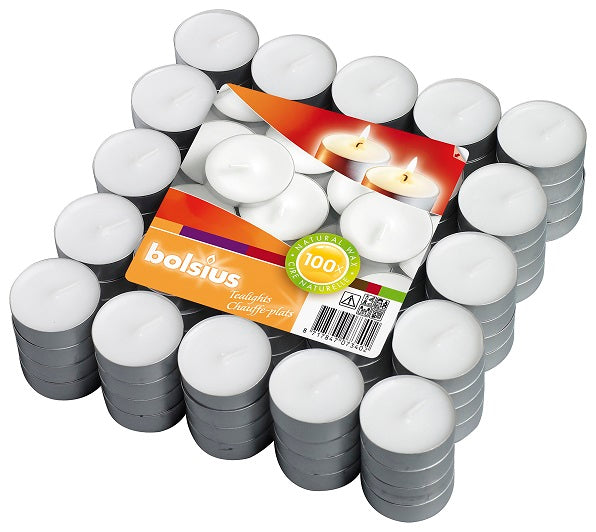 Tealight candle BOLSIUS, white, in a metal container, 3.5 h, 100 pcs.