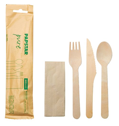PAPSTAR cutlery set, fork, knife, spoon, napkin, wooden, 30pcs in paper packaging
