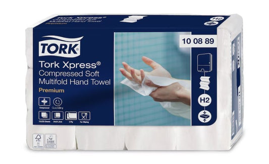 Tork Xpress Soft Multifold compressed soft paper towels, H2 100889, 2 ply, 225 serv., 22.2x24 cm, white