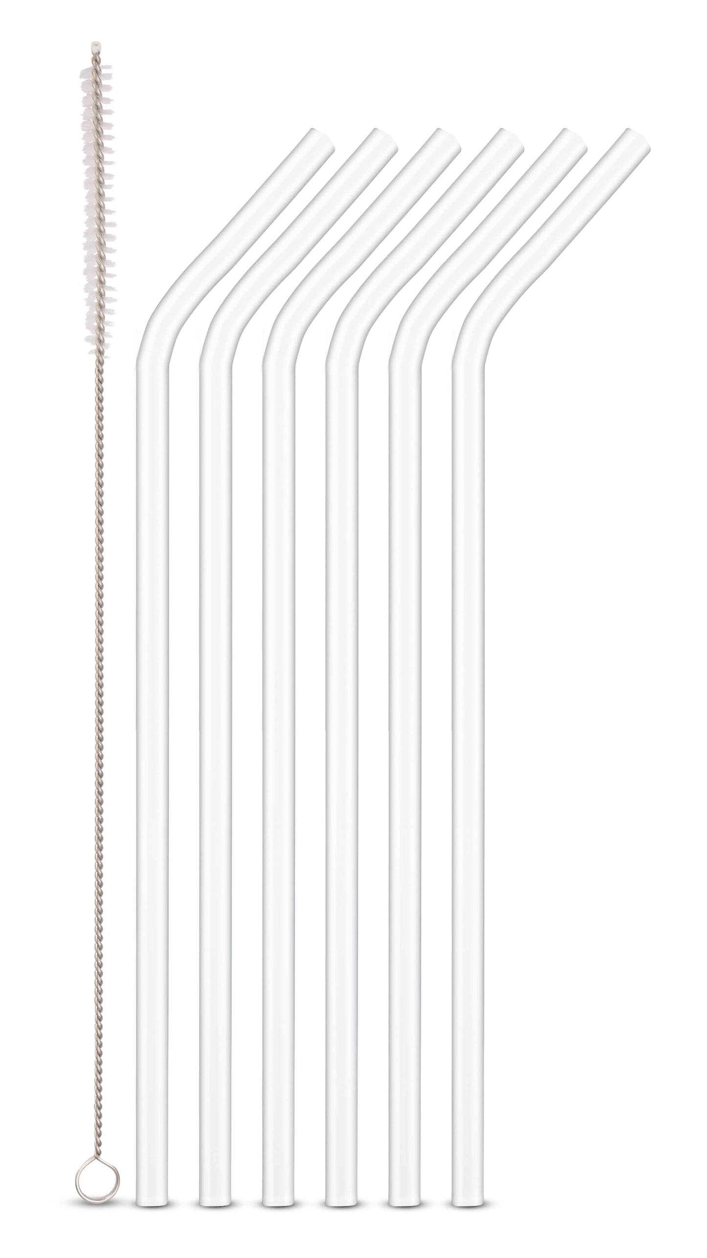 Šiaudeliai Glass, su šepetėliu, lenkti, borosilikatinis stiklas, D 8 mm, L 24 cm, 6 vnt