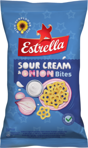 Kukurūzų traškučiai ESTRELLA BITES grietinės ir svogūnų skonio,110 g