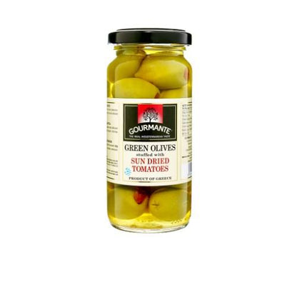 Žaliosios alyvuogės GOURMANTE, įdarytos saulėje džiovintais pomidorais, sūryme, 227 g/127 g