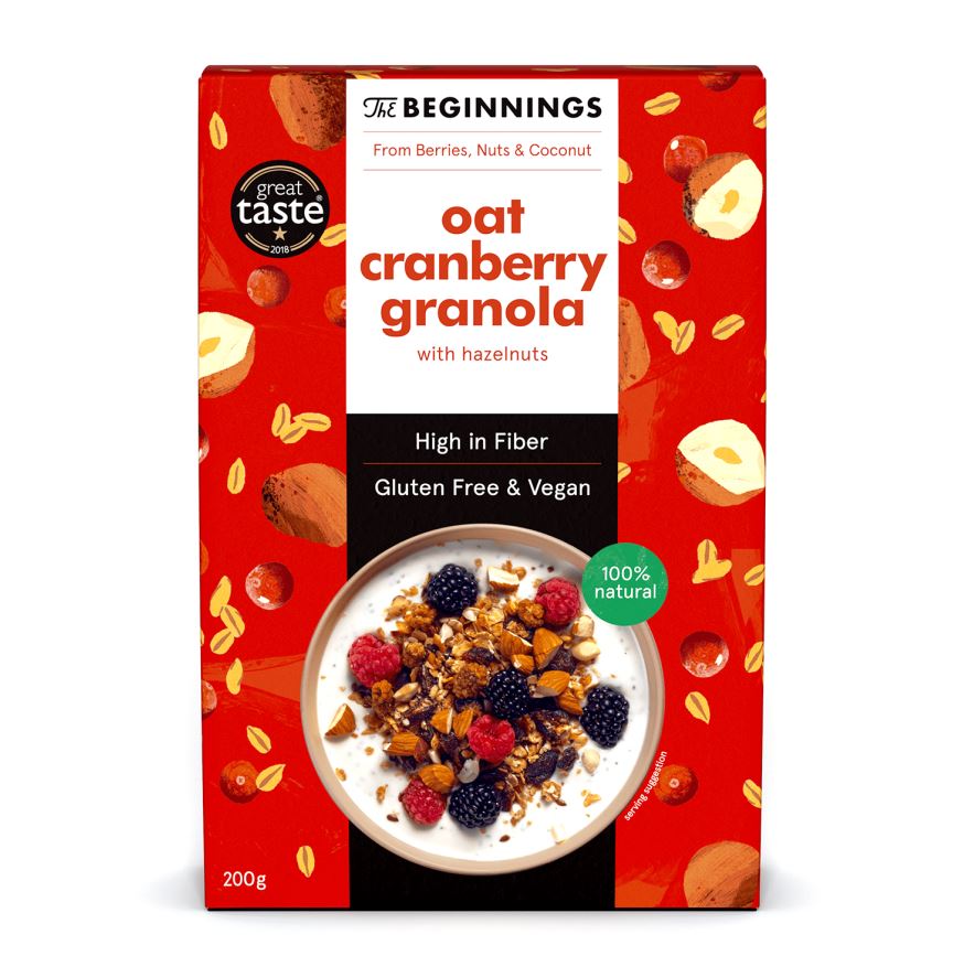Veganiška avižinė granola THE BEGINNINGS, su spanguolėmis, 200 g