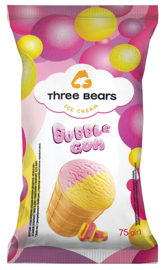 Valgomieji ledai THREE BEARS kramtomos gumos skonio, vafliniame indelyje, 75 g, 145 ml