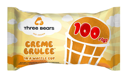 Valgomieji ledai „THREE BEARS“, „Creme brulle“ skonio, vafliniame puodelyje, 100 g, 150 ml