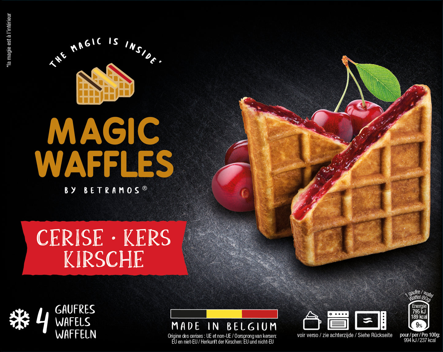 Šaldyti belgiški vafliai "Magic Waffles" su vyšnių įdaru, 4 x 80 g