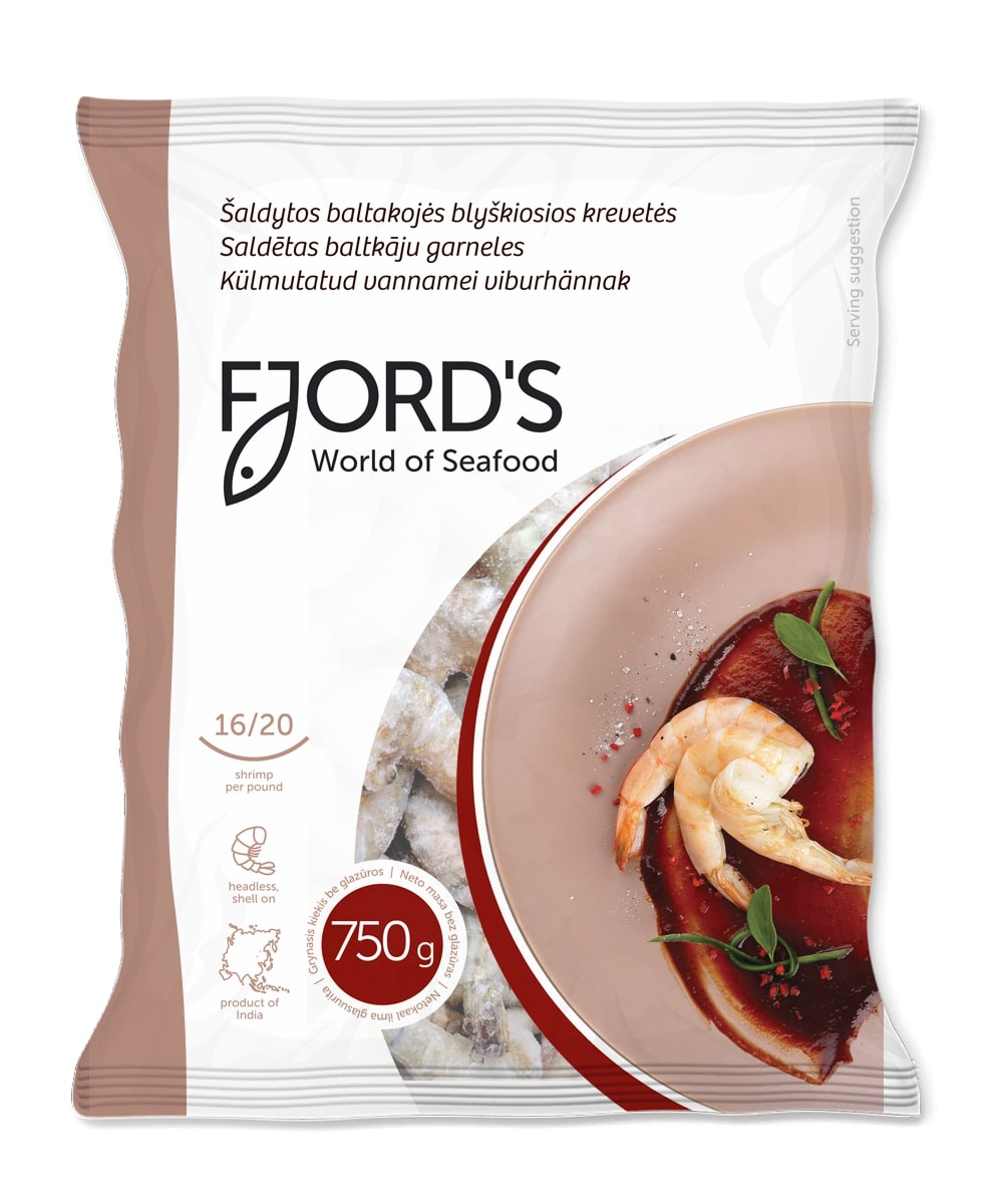 Šaldytos. baltakojės blyškiosios krevetės FJORD'S, nevirtos, be galvų, su kiautais, 16/20, 0,75/1kg