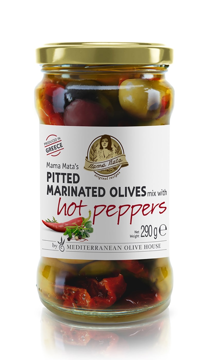 Marinuotų alyvuogių mišinys MAMA MATA's, be kauliukų, su aštriaisiais pipirais, 290g