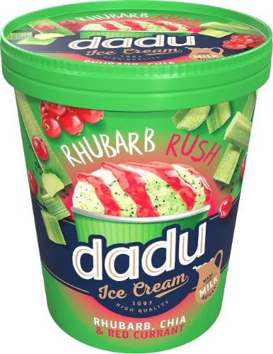 Vaniliniai grietininiai ledai DADU, su šalavijo sėklomis ir rabarbarų gabaliukais, 400 ml