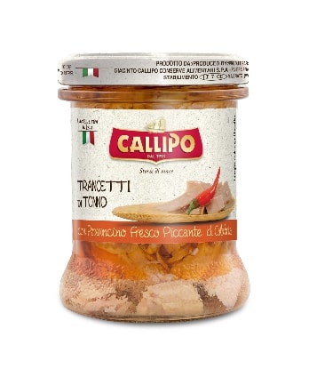 Gelsvauodegių tunų gabaliukai, CALLIPO, su aitriosiomis paprikomis, alyvuogių aliejuje 170g