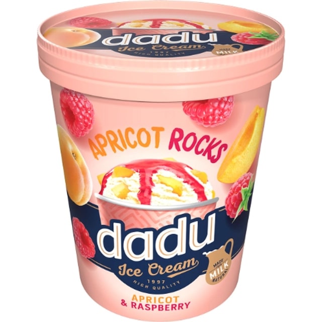 Vanilės skonio grietininiai ledai DADU, su abrikosų gabaliukais ir aviečių įdaru, 400 ml/ 250 g