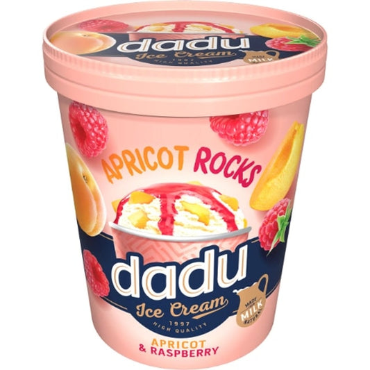 Vanilės skonio grietininiai ledai DADU, su abrikosų gabaliukais ir aviečių įdaru, 400 ml/ 250 g