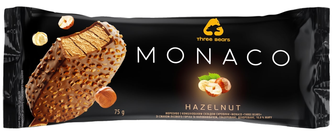 Valgomieji ledai MONACO lazdynų riešutų skonio, su įdaru, glaistyti, 75 g, 140 ml