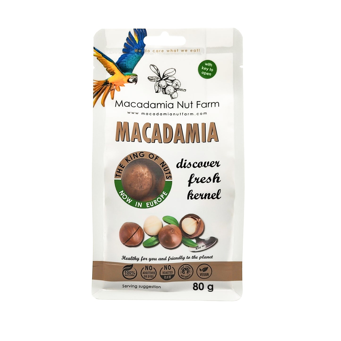 Makadamijų riešutai MACADAMIA NUT FARM, su kevalu, įpjauti, 80 g