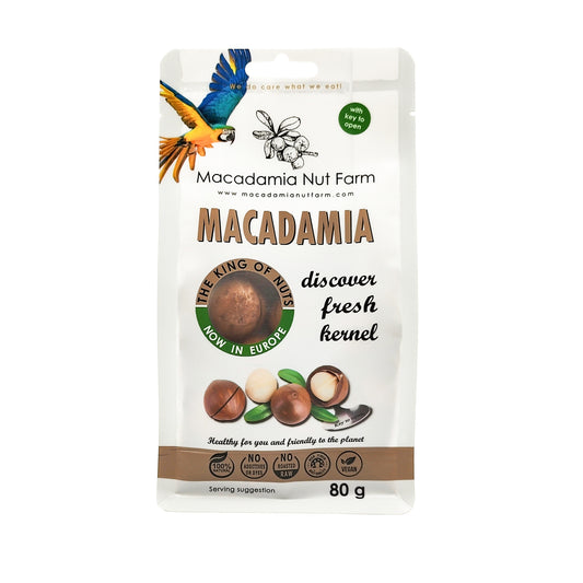 Makadamijų riešutai MACADAMIA NUT FARM, su kevalu, įpjauti, 80 g