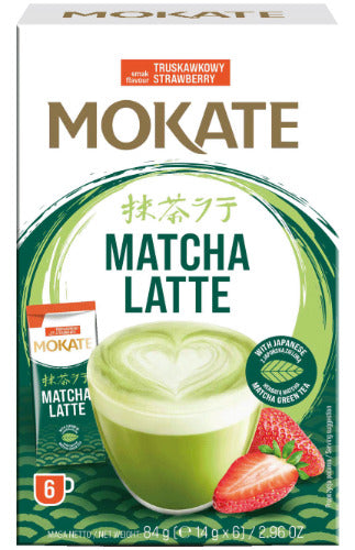 Žaliosios arbatos gėrimas MOKATE Matcha latte su braškėmis, 6 x 14g