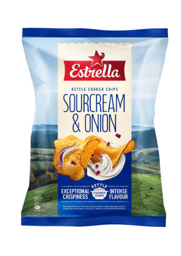 Bulvių traškučiai ESTRELLA KETTLE grietinės ir svogūnų skonio, 120g